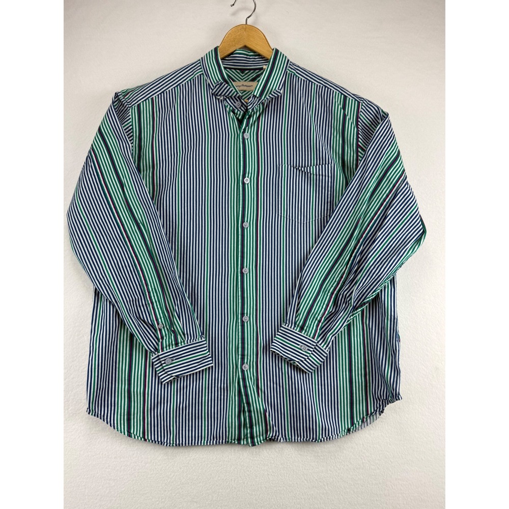 Tommy‎ Bahama Shirt Mens XL Long Sleeve Striped Cotton Silk Green Blue XL